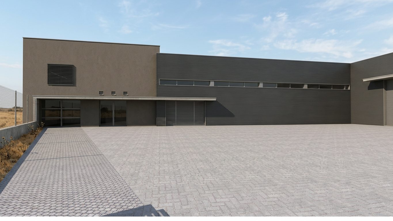 Edifício de Escritórios e Armazém — alçado principal, entrada e revestimento em chapa nervurada