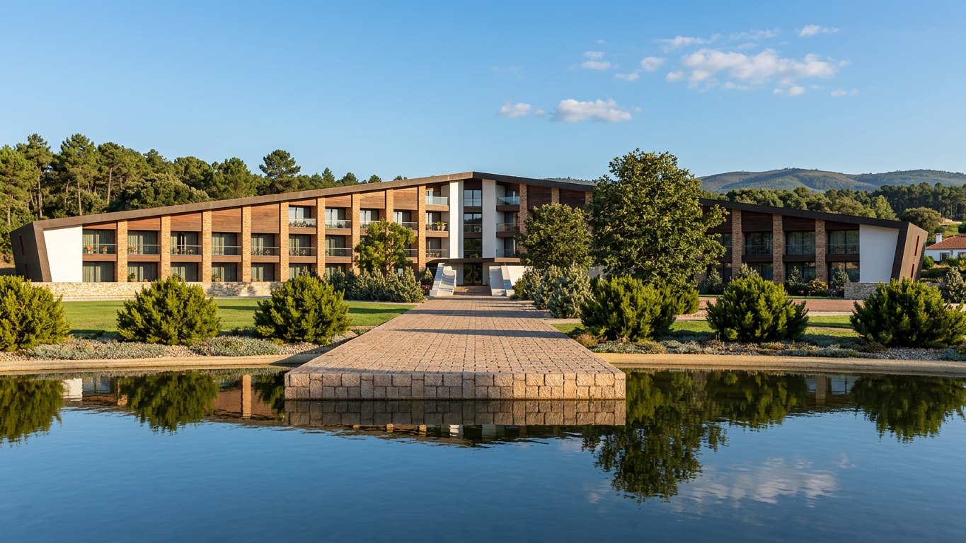 Hotel Natura · Resort Rural — alçado principal reflectido no lago, acesso pedonal