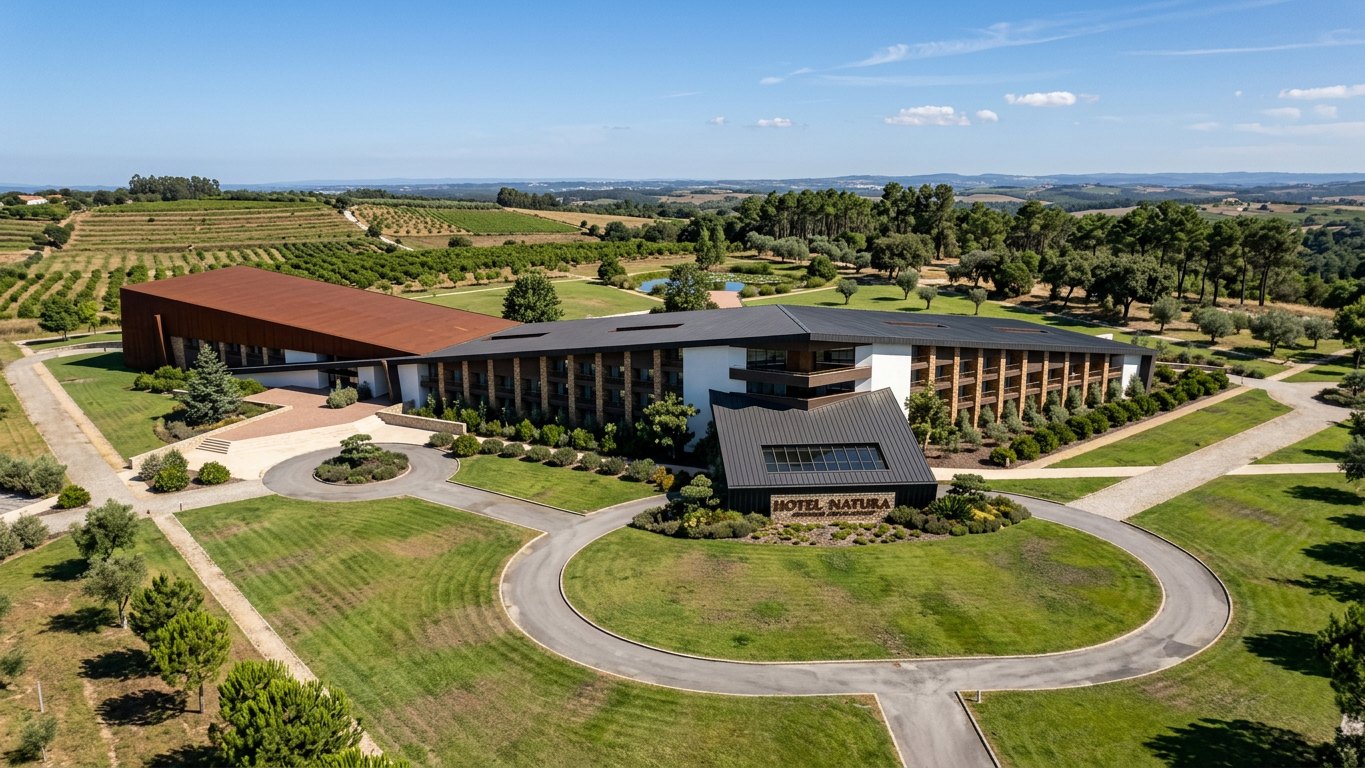 Hotel Natura · Resort Rural — vista aérea, rotunda de chegada e enquadramento agrícola