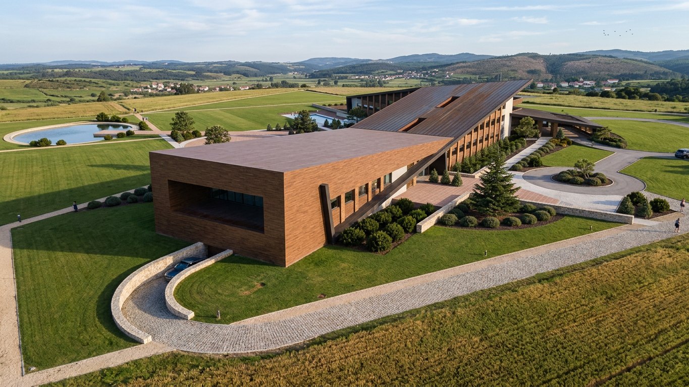 Hotel Natura · Resort Rural — vista aérea, volume em corten e jardins envolventes