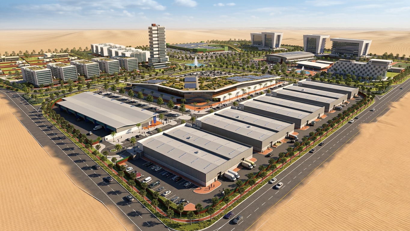 Plano de Urbanização — vista aérea, zona industrial e armazéns logísticos