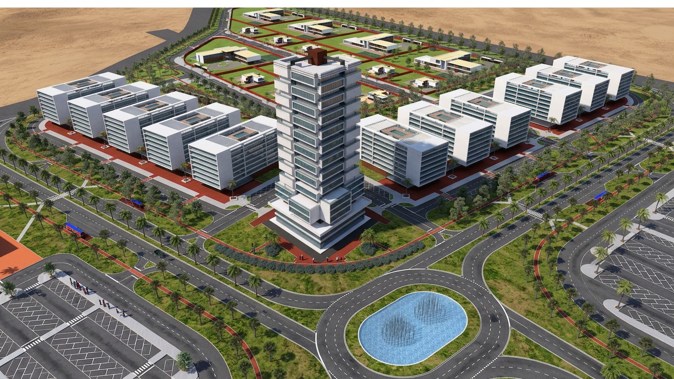 Plano de Urbanização — vista aérea, zona residencial e torre principal