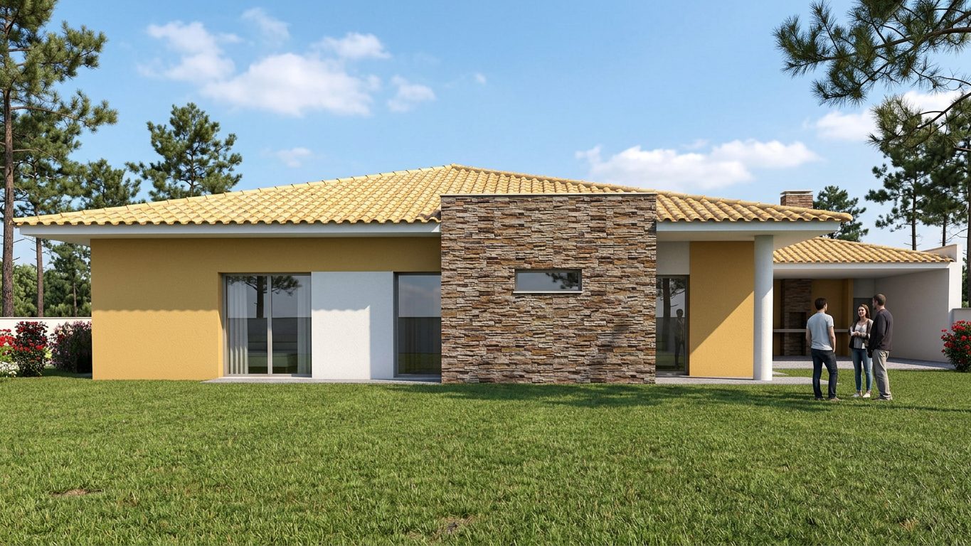 Moradia em Alcobertas — alçado lateral, painel em pedra e envidraçados da sala