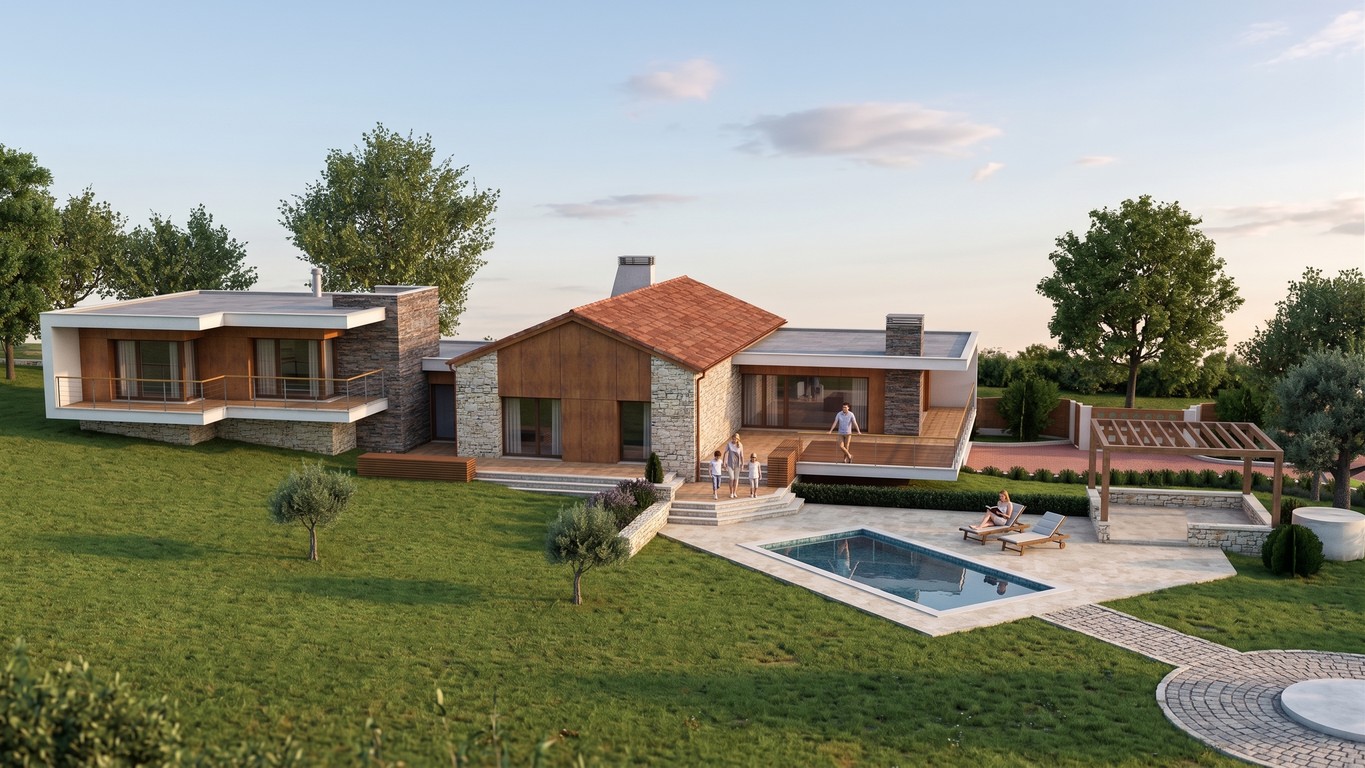 Terraço e piscina, ambiente ao entardecer