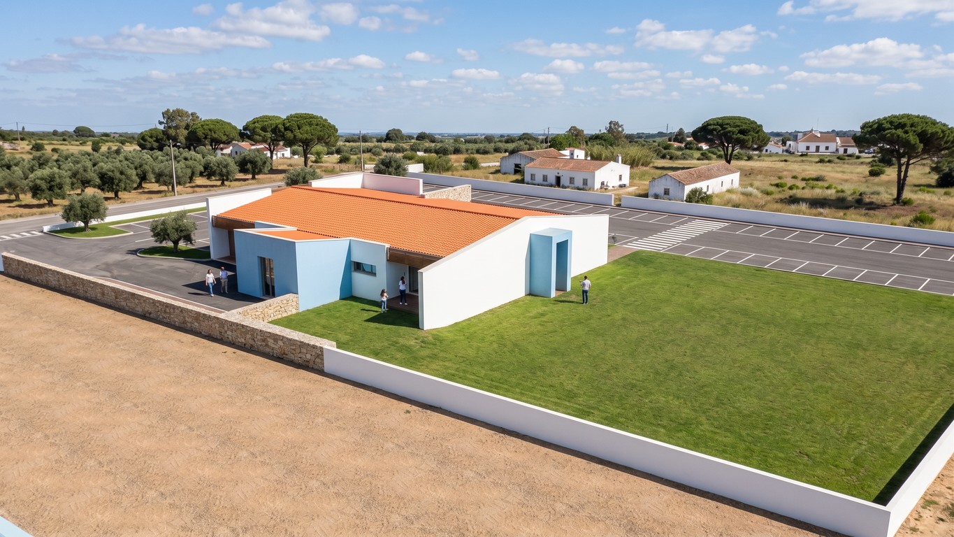 Vista aérea, alçado poente e enquadramento rural