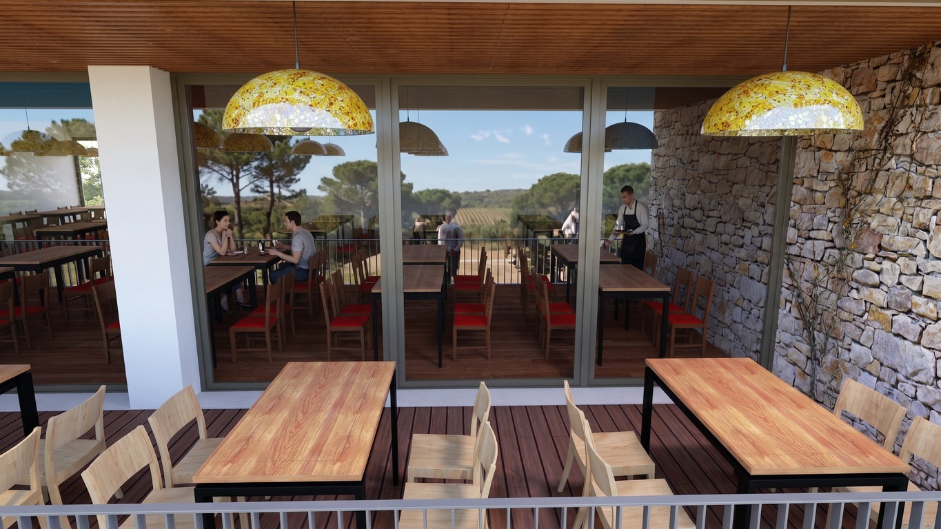 Sala de refeições, terraço coberto com vista sobre a vinha