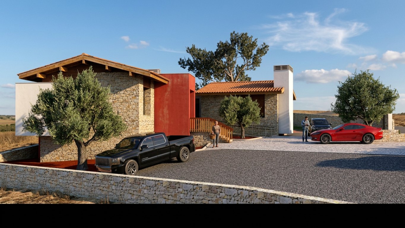 Restaurante Natura — alçado poente ao fim da tarde, estacionamento e oliveiras