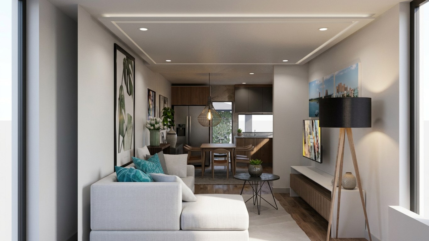 Sala de estar, vista para a cozinha